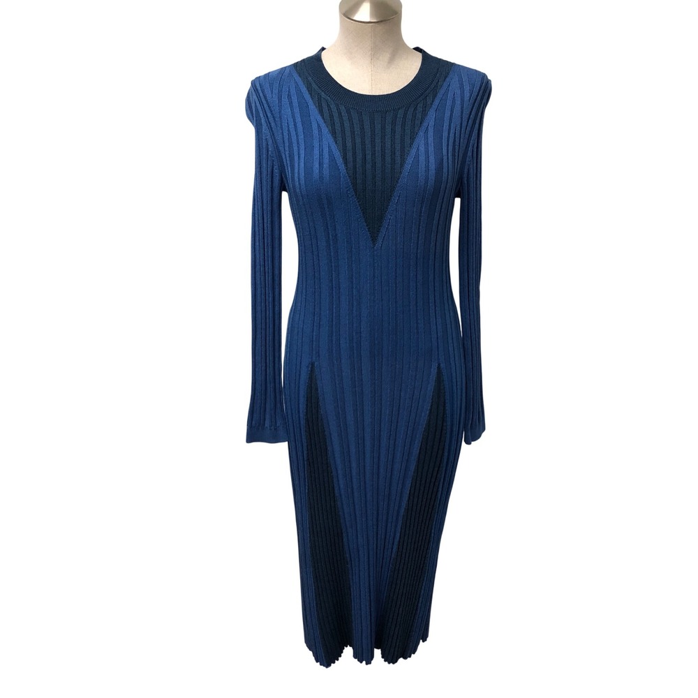 Partow‎ Ribbed Knit Dress Womens Medium Blue Long Sleeve Midi Made in Italy